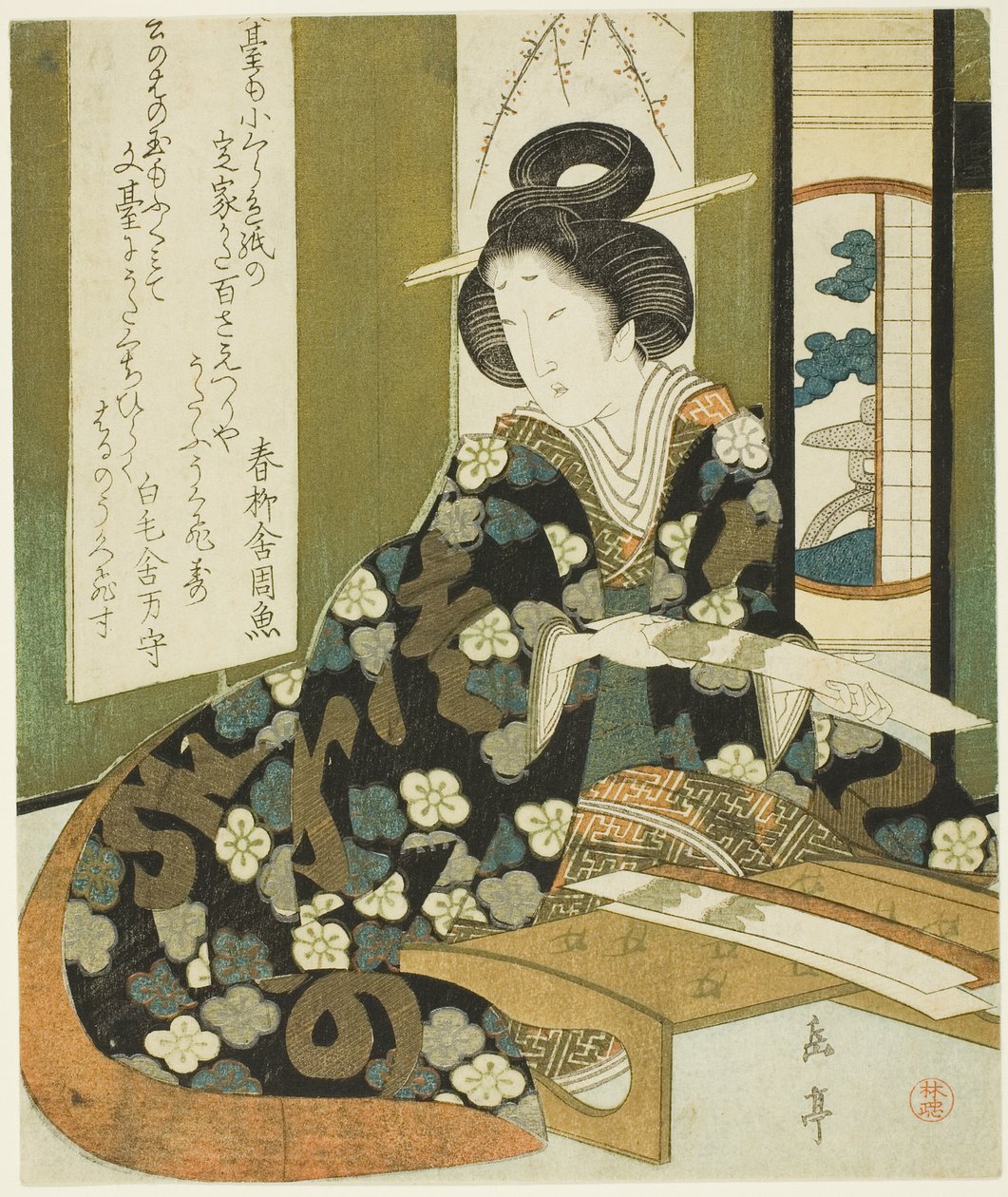 Eine Frau mit einer Gedichtkarte, aus der Serie "Ein Satz von sieben für den Katsushika Club" von Yashima Gakutei