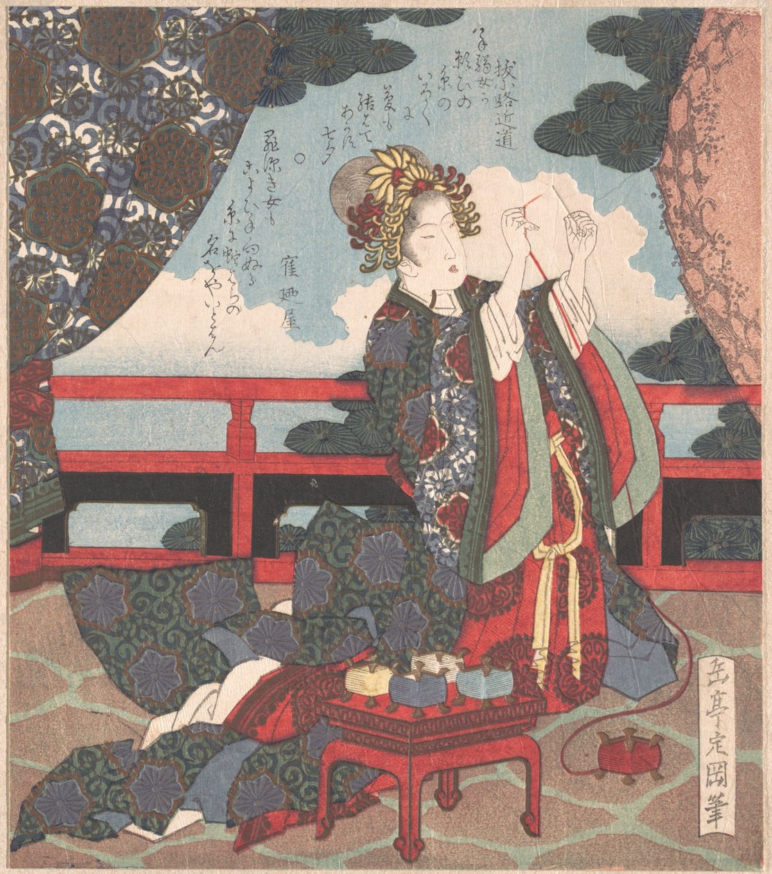 Dame, die auf der Veranda eine Nadel einfädelt von Yashima Gakutei
