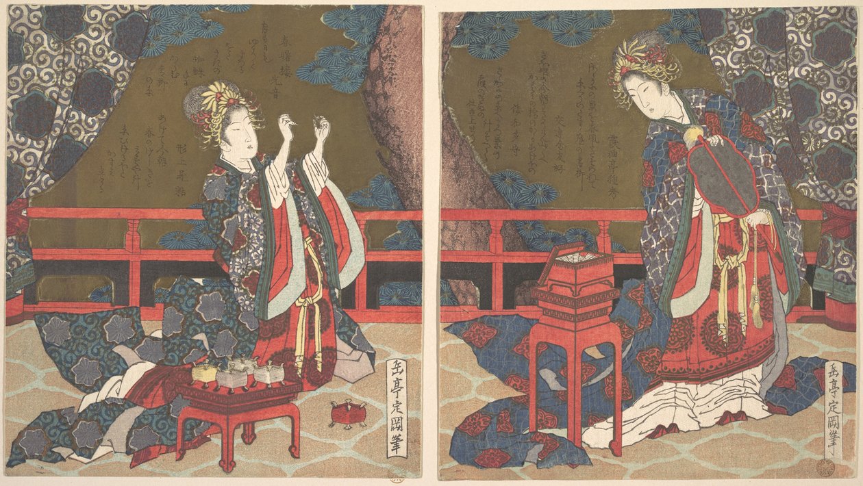 Zwei Damen auf einer Veranda, eine mit einem Fächer, die andere eine Nadel einfädelnd von Yashima Gakutei