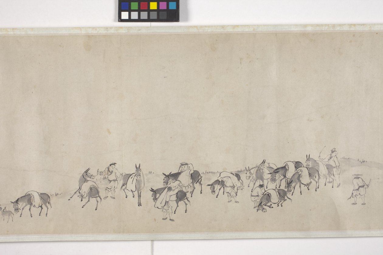 Hundert Esel transportieren Getreide, Handrolle, ca. 1700 von Ye Yin