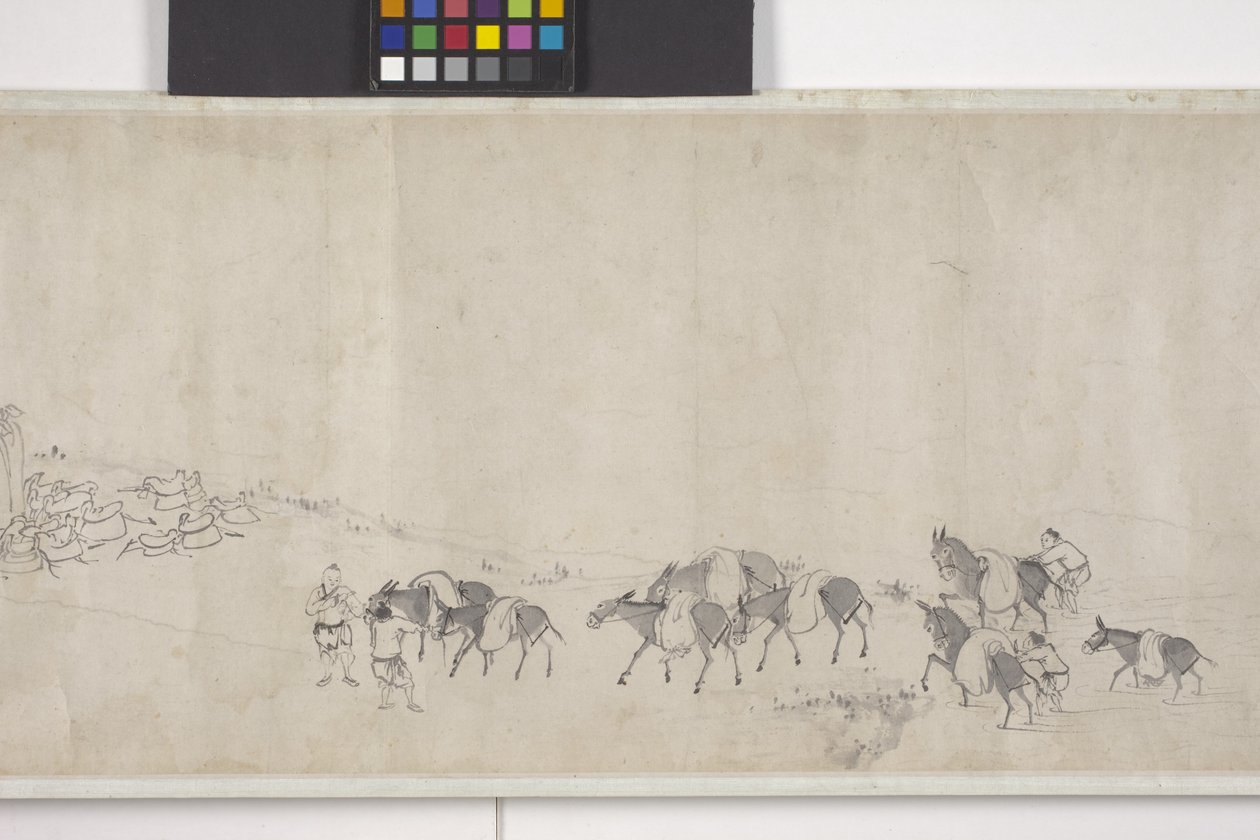 Hundert Esel transportieren Getreide, Handrolle, ca. 1700 von Ye Yin