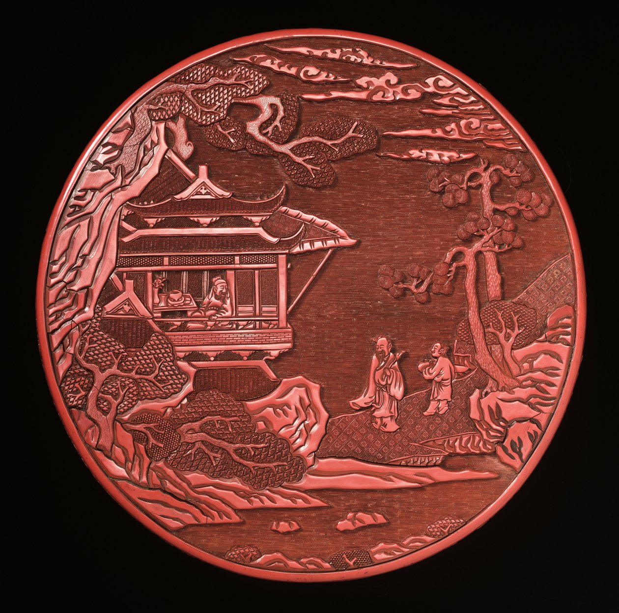 Runde geschnitzte Zinnoberbox und Deckel von Yuan Dynasty Chinese School