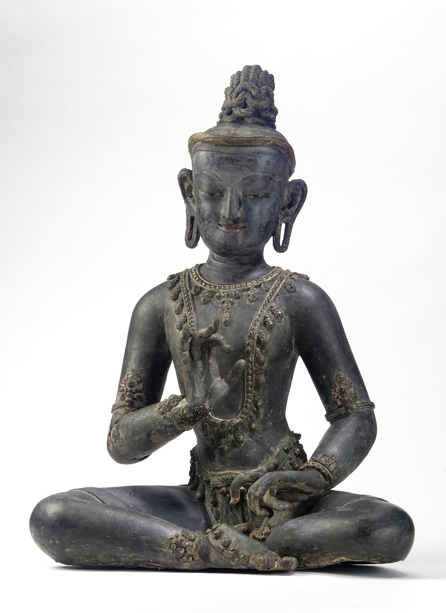Nepalesisch-chinesischer Bodhisattva (Lack, Stoff, Spuren von Blau, Gold und grüner Farbe & Blattgold) von Yuan Dynasty Chinese School