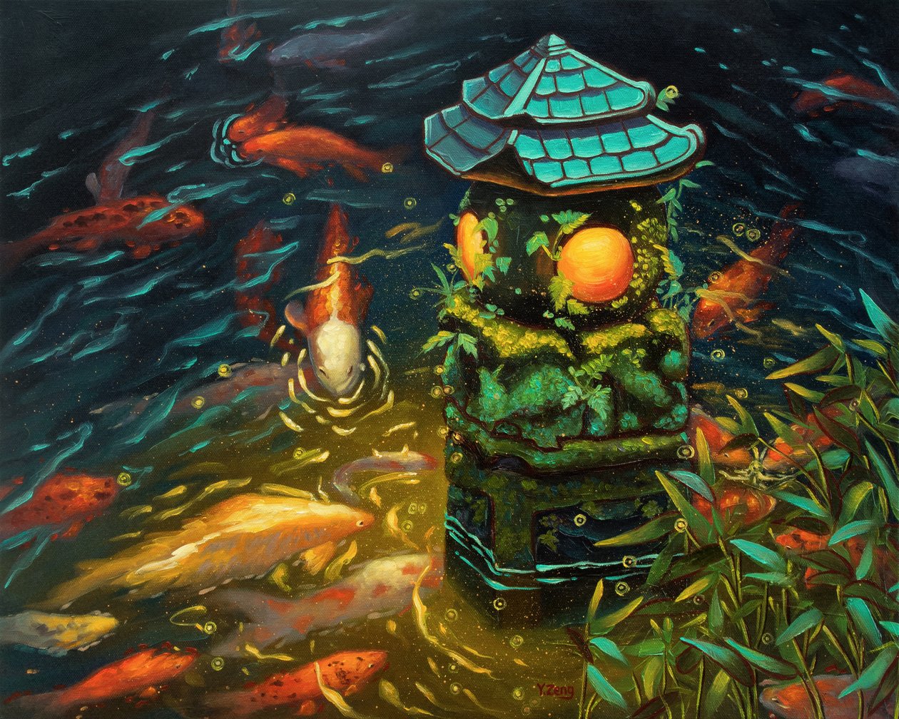 Steinlaterne mit Koi-Fischen, 2023 von Yue Zeng