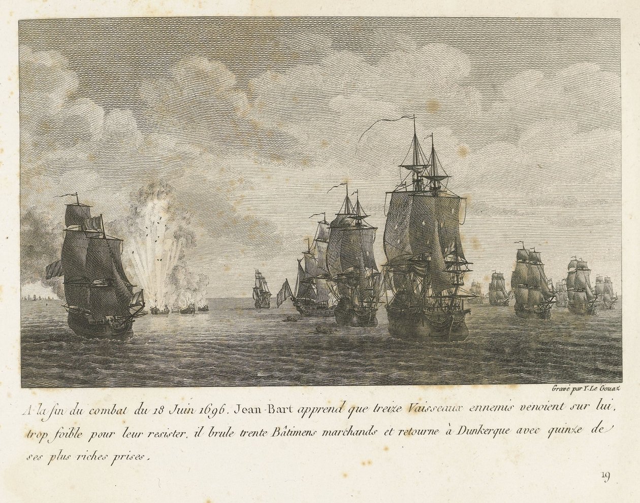 Gefechte zwischen einer Flotte unter Jan Bart und einer holländischen Flotte, 1696 (A la fin du combat du 18 Juin 1696, Jean-Bart apprend que treize Vaisseaux ennemis...) von Yves Marie Le Gouaz