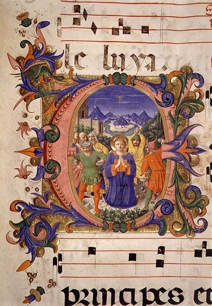Das Martyrium des heiligen Stephanus, dargestellt in einem historierten Initial, der Rand beleuchtet von Filippo di Mateo Torelli, aus einem Chorbuch vor 1449 von Zanobi di Benedetto Strozzi