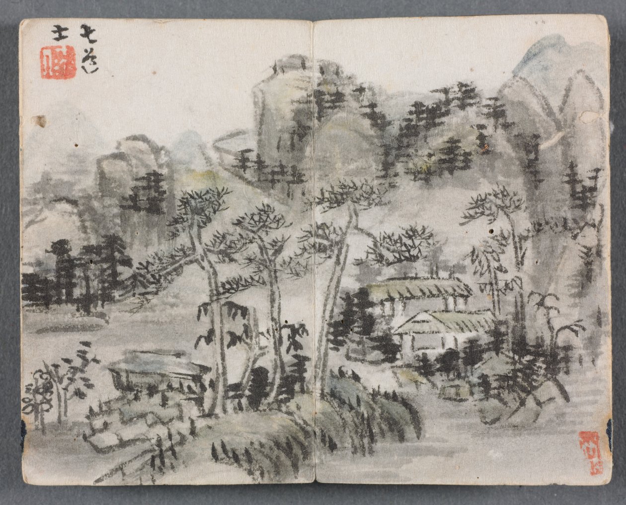 Miniaturalbum mit Figuren und Landschaft (Landschaft mit zwei Gebäuden) von Zeng Yandong