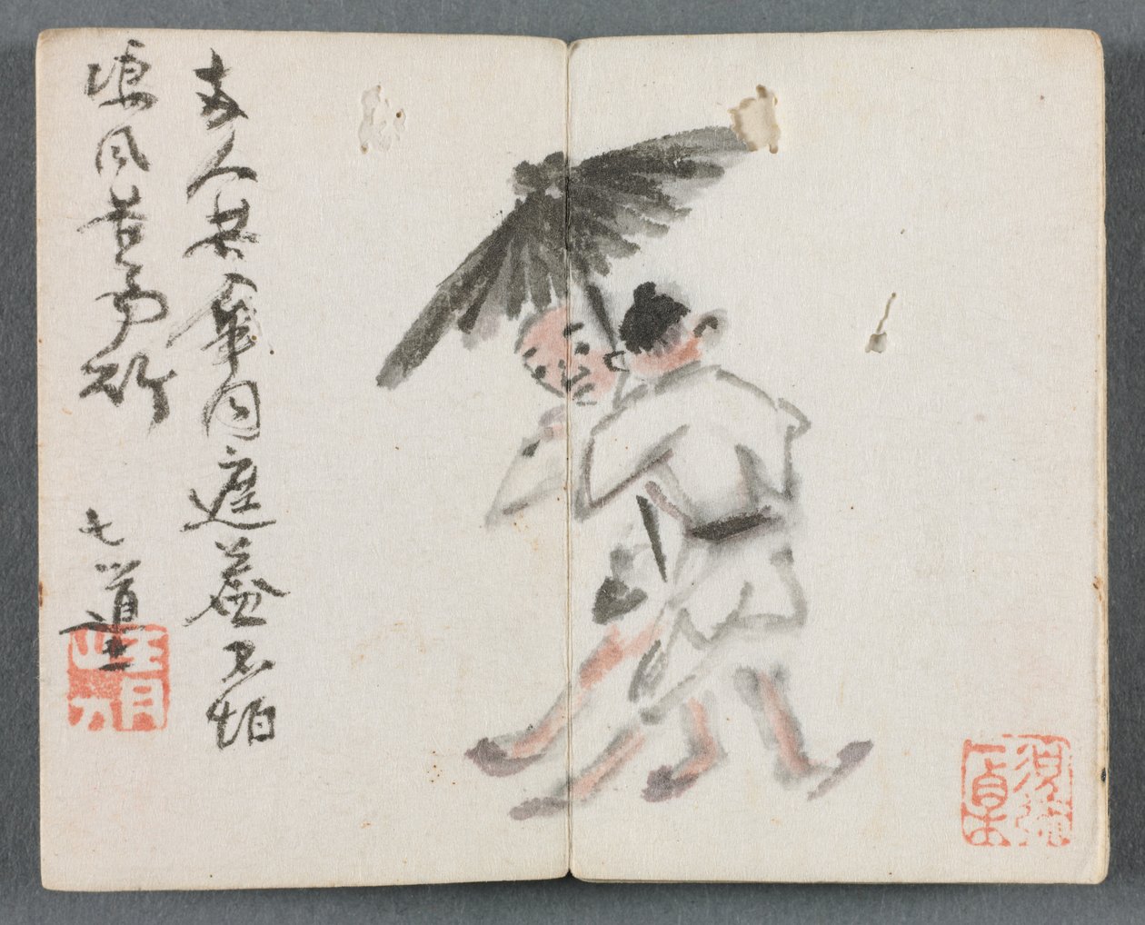 Miniaturalbum mit Figuren und Landschaft Zwei Männer mit Regenschirm, 1822 von Zeng Yangdong