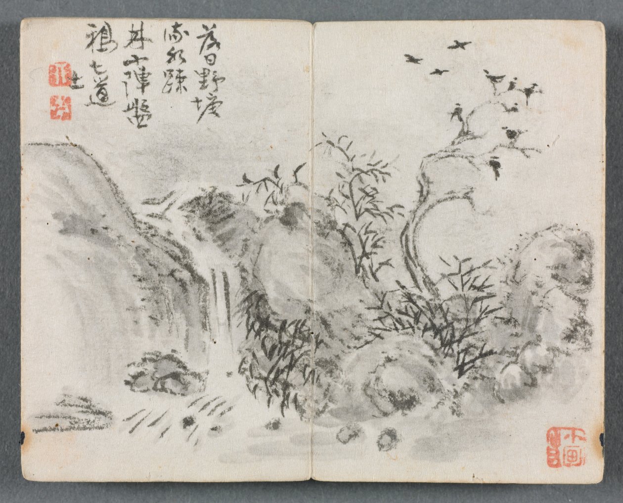 Miniaturalbum mit Figuren und Landschaft, Wasserfalllandschaft, 1822 von Zeng Yangdong