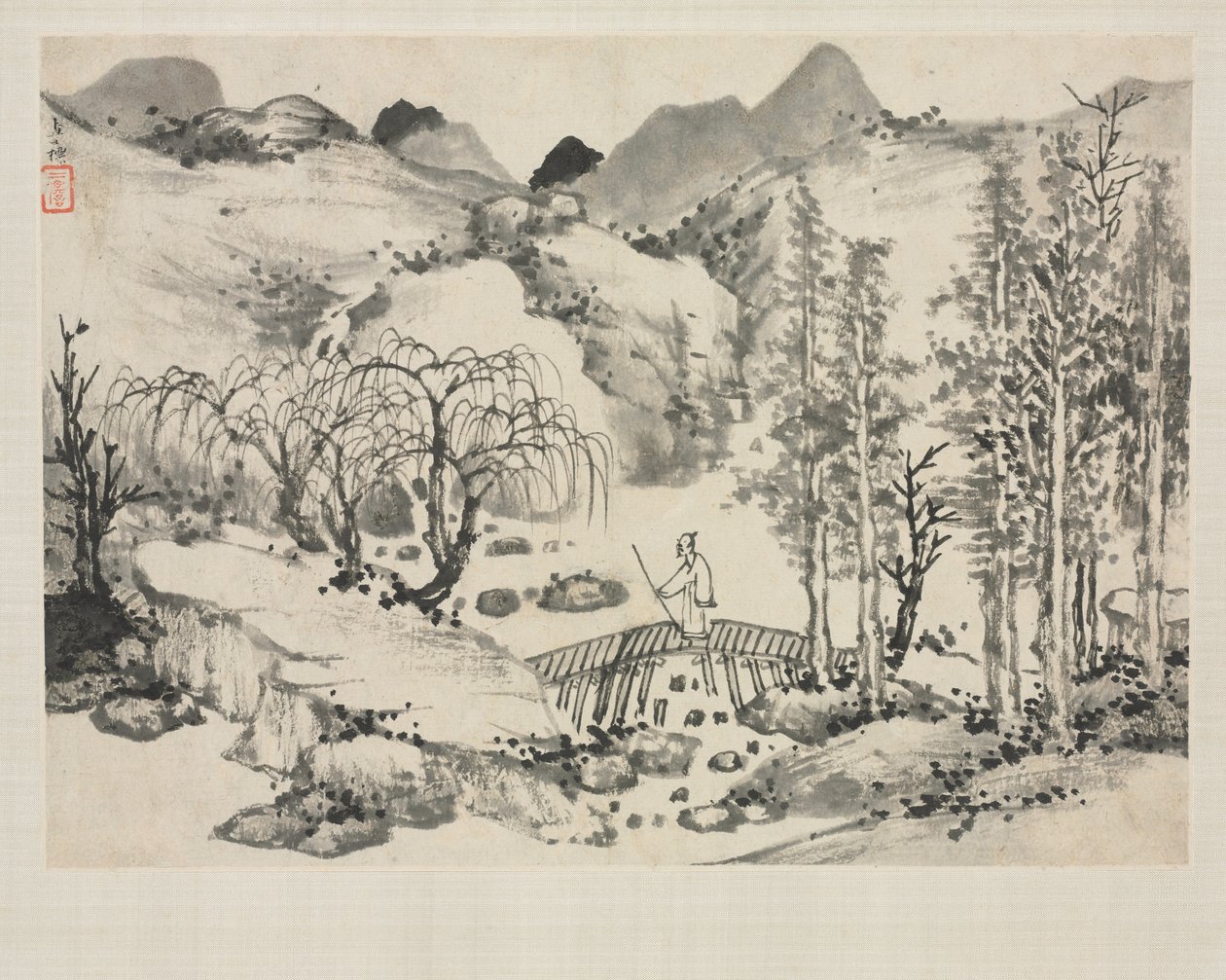Landschaftsalbum in verschiedenen Stilen: Landschaft mit Künstler auf einer Brücke von Zha Shibiao