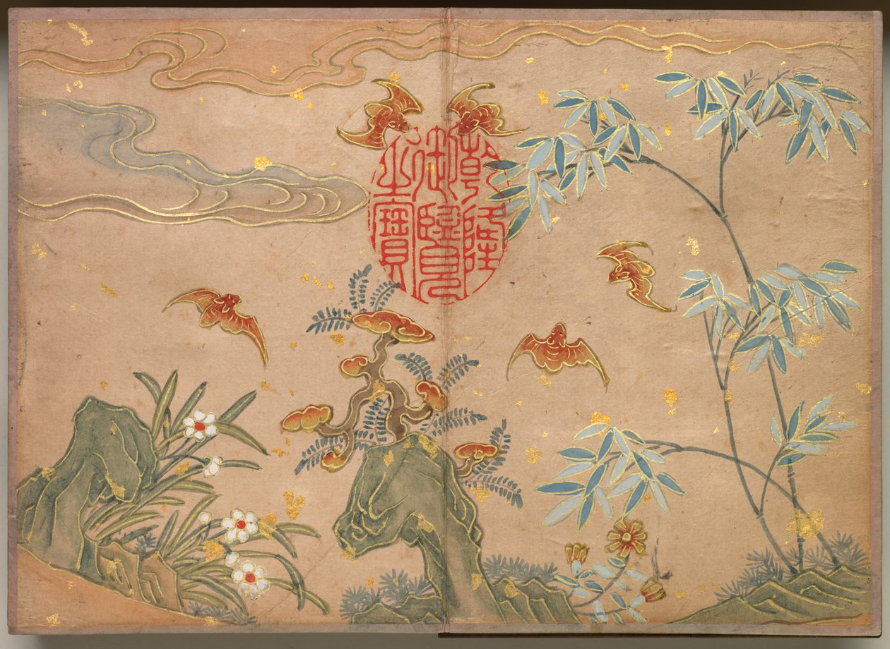 Schreibtischalbum: Blumen- und Vogelmalereien Fledermäuse, Felsen, Blumen ovale Kalligraphie, 18. Jahrhundert von Zhang Ruoai