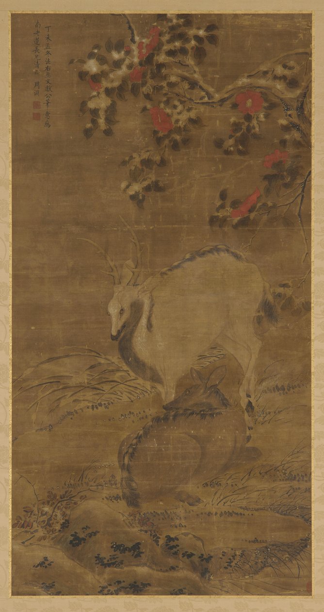 Ein Hirsch, eine Hirschkuh und rote Kamelien im Schnee, 1367 von Zhou Yuan