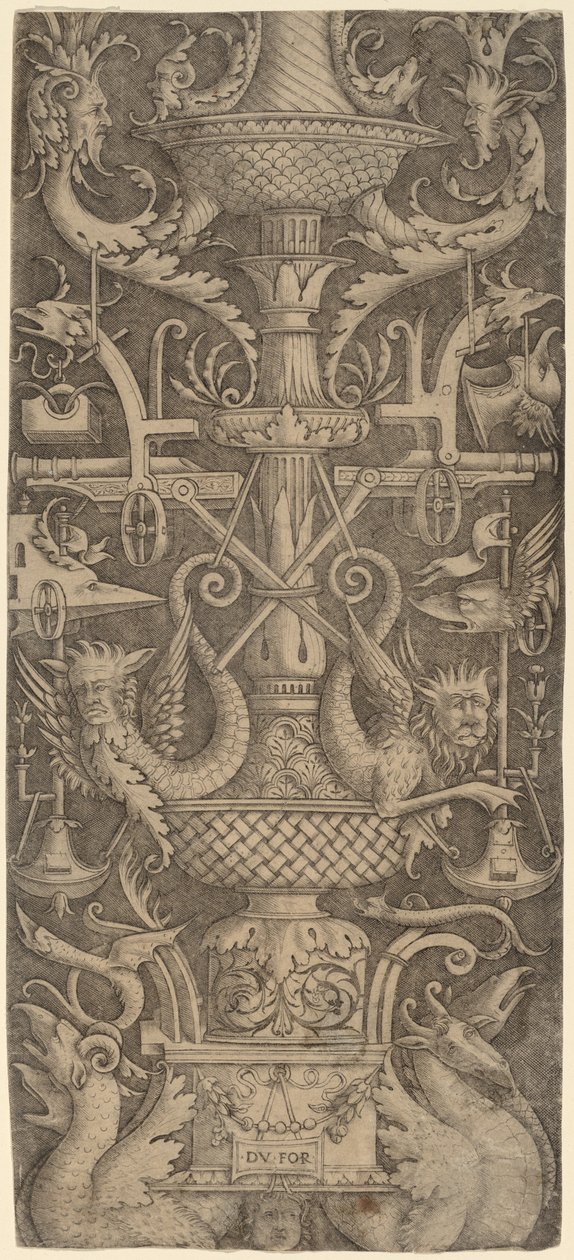 Ornamenttafel mit Drachen, Masken und Kriegsinstrumenten, um 1505 von Zoan Andrea