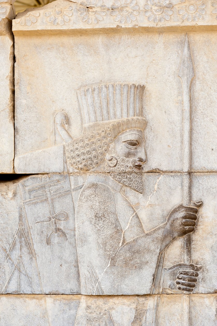 Antikes Relief der Achämeniden; Perser mit Lanze; Soldat der Unsterblichen Garde im Apadana-Palast; archäologische Stätte; antike persische Stadt Persepolis; UNESCO-Weltkulturerbe; Provinz Fars; Iran; Asien von Frederick (attr. to) Barnard
