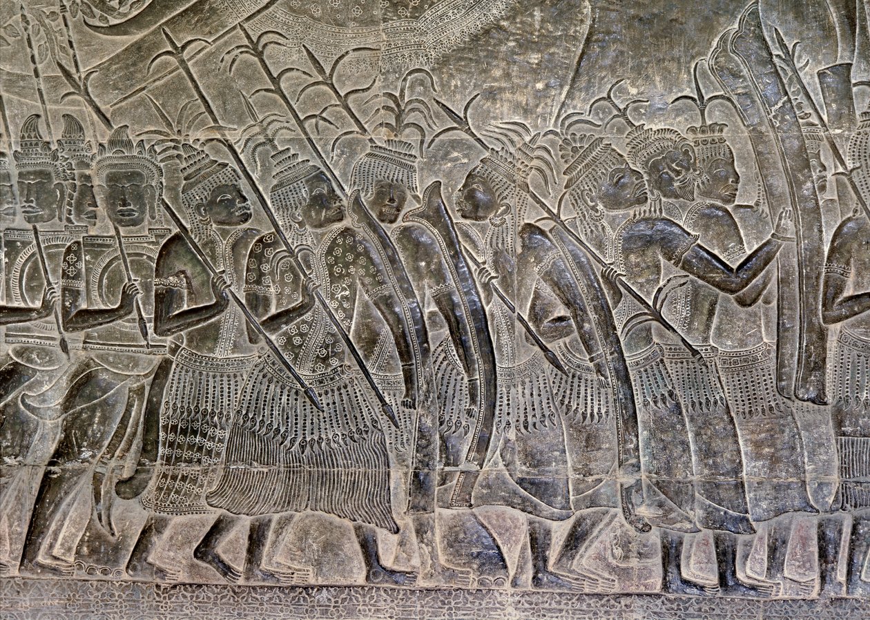 Angkor Wat, Angkor, Kambodscha, frühes 12. Jahrhundert mit späteren Ergänzungen. Dieses Detail der Reliefs in der Galerie zeigt das thailändische Volk als Verbündete der Khmer-Armee von Hippolyte Lalaise Devéria