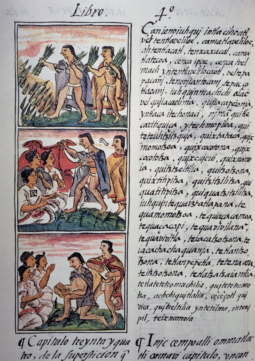 Glauben und Aberglauben, Buch IV des Florentiner Kodex, zweisprachige Version in Spanisch und Nahuatl, Allgemeine Geschichte der Dinge von Neuspanien (Historia general de las cosas de Nueva Espana) von Georg Carl Heinrich Dollmann