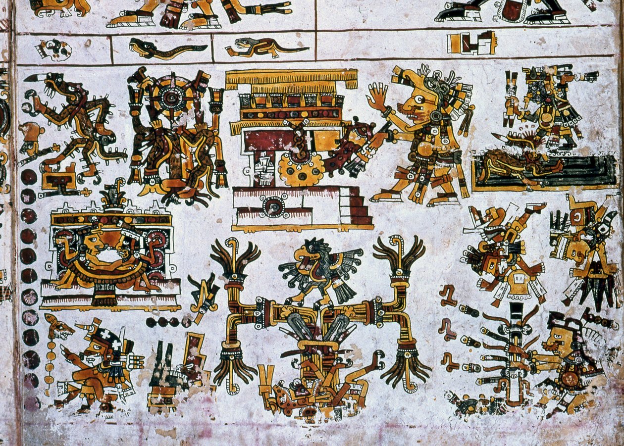 Detail aus einer Faksimile-Kopie einer Seite des Codex Borgia, die die vier Richtungen und das Zentrum zeigt (Farblithografie) von Hippolyte Lalaise Devéria