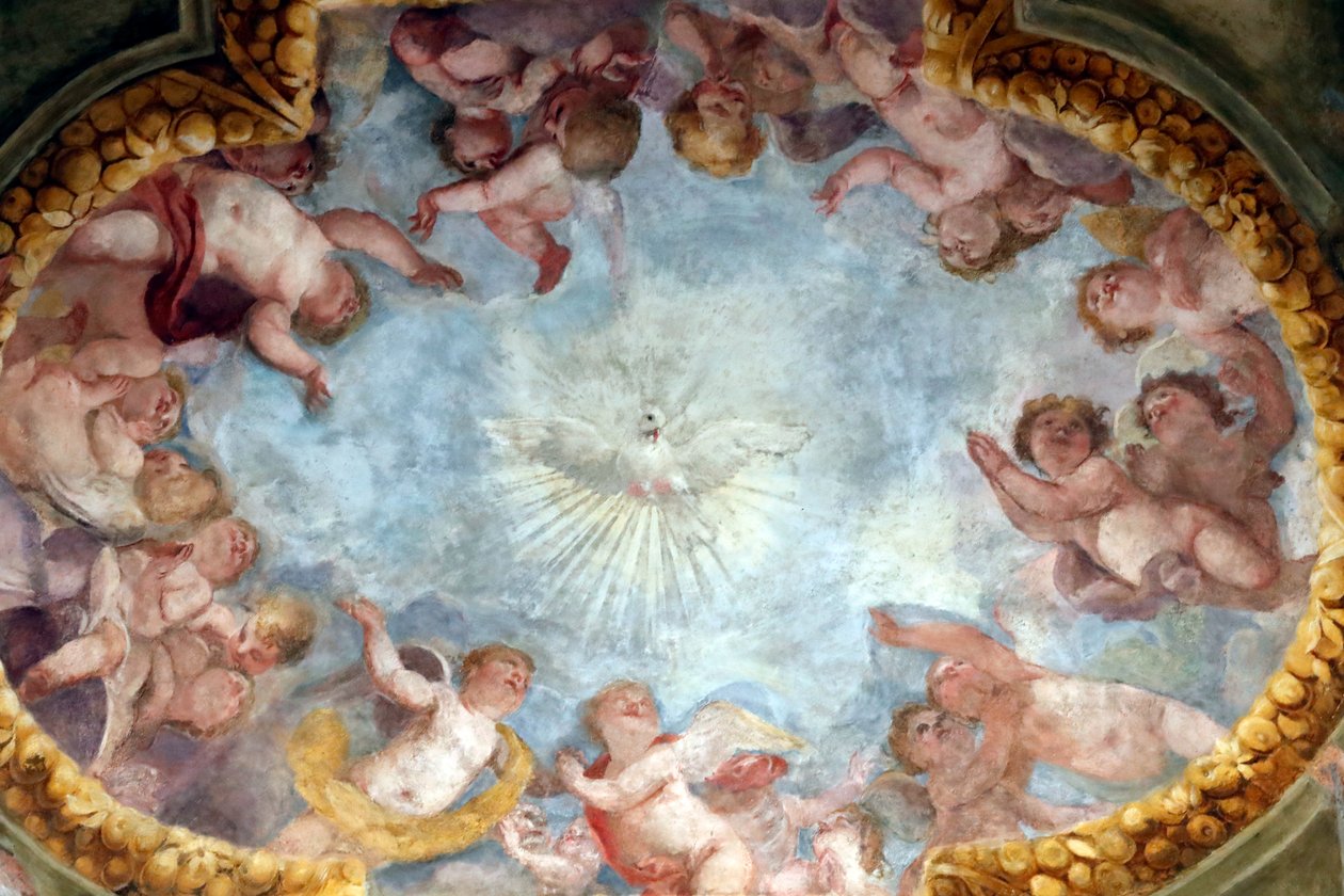 Heiliger Geist und Engel. Fresko. Basilika Santa Maria delle Vigne. Genua. Italien. von . .