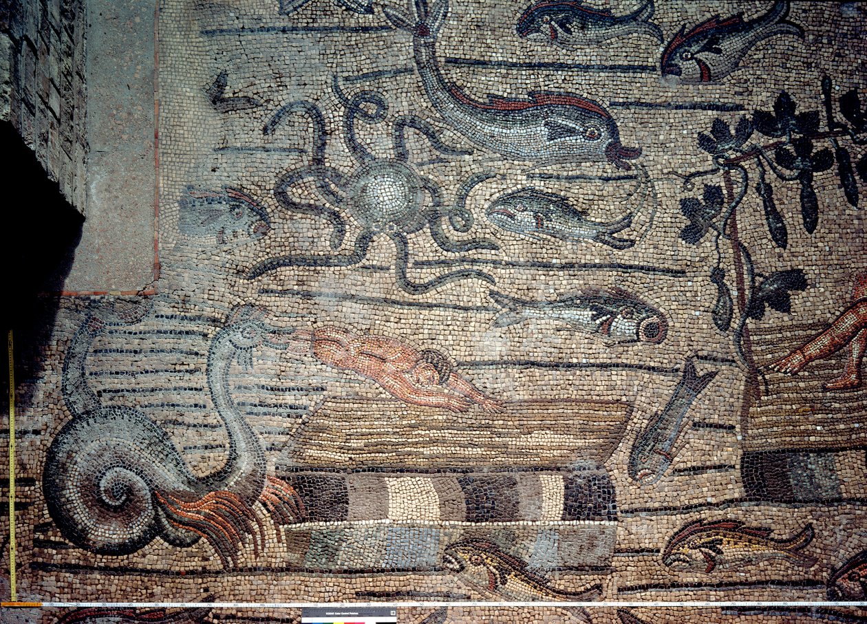 Jona wird vom Wal ausgespuckt, Detail eines dekorativen Pflasters mit christlichen Bildern und heidnischen Symbolen, ca. 313 n. Chr. von Hippolyte Lalaise Devéria
