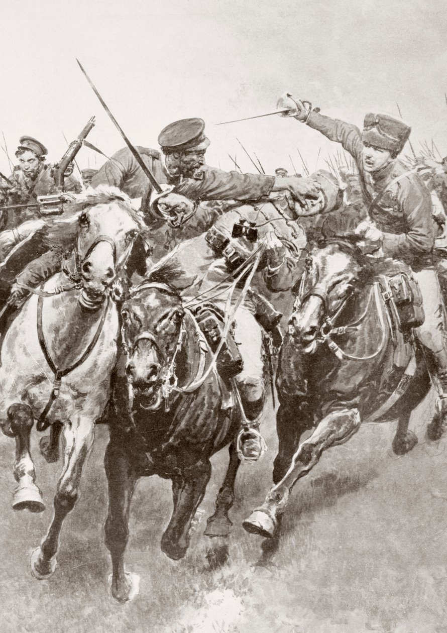 Reiterkampf zwischen russischen Kosaken und deutscher Kavallerie, bekannt als die Husaren des Todes in Schwansfeld, zwischen Korschen und Bartenstein, Ostpreußen, August 1914 während des Ersten Weltkriegs, aus La Esfera von Ferdinand Georg Waldmuller
