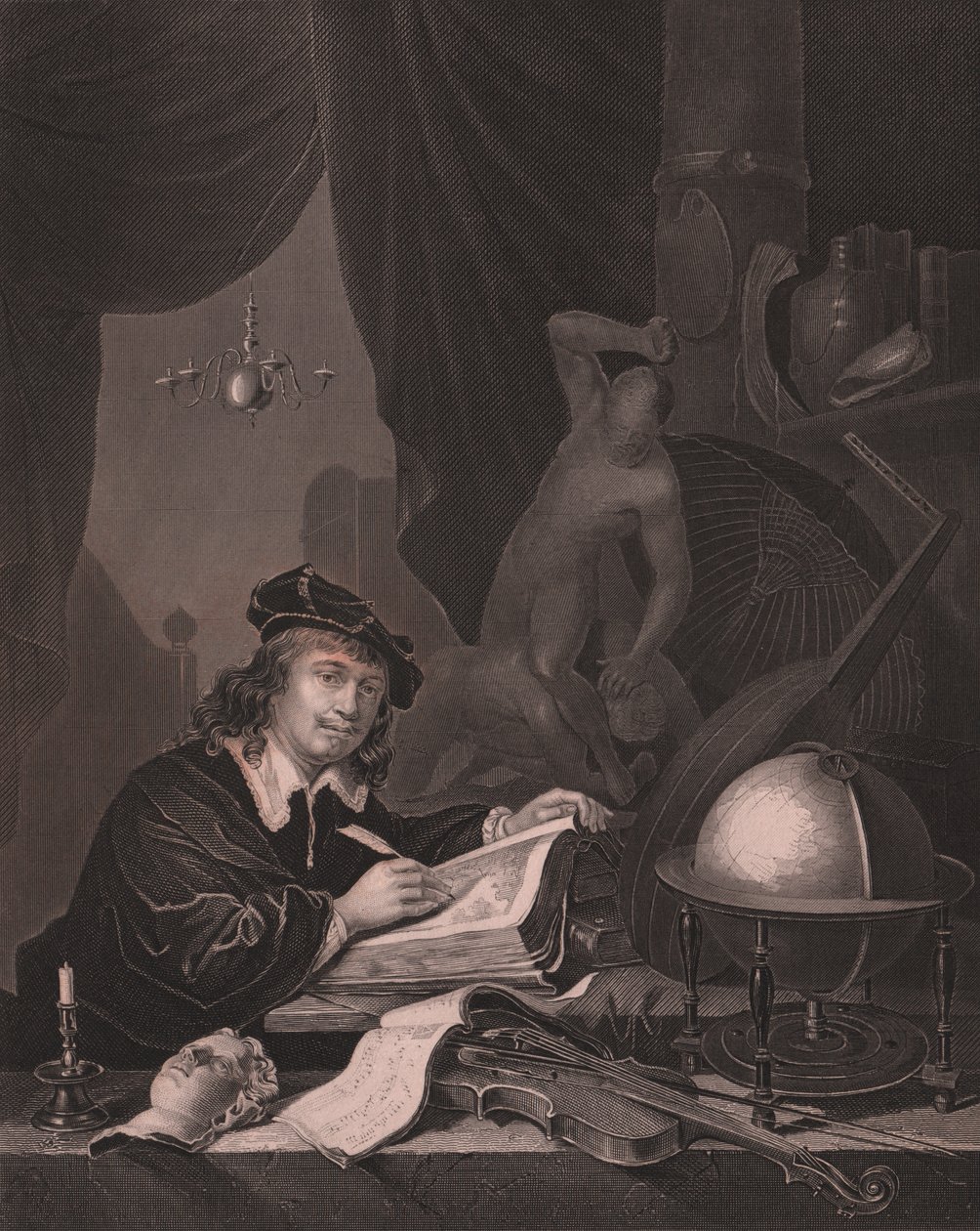 Porträt des niederländischen Malers Gerrit Dou (1613-1675), Gravur von Albert Henry Paine nach einem Gemälde von Gerrit Dou, aus Payne