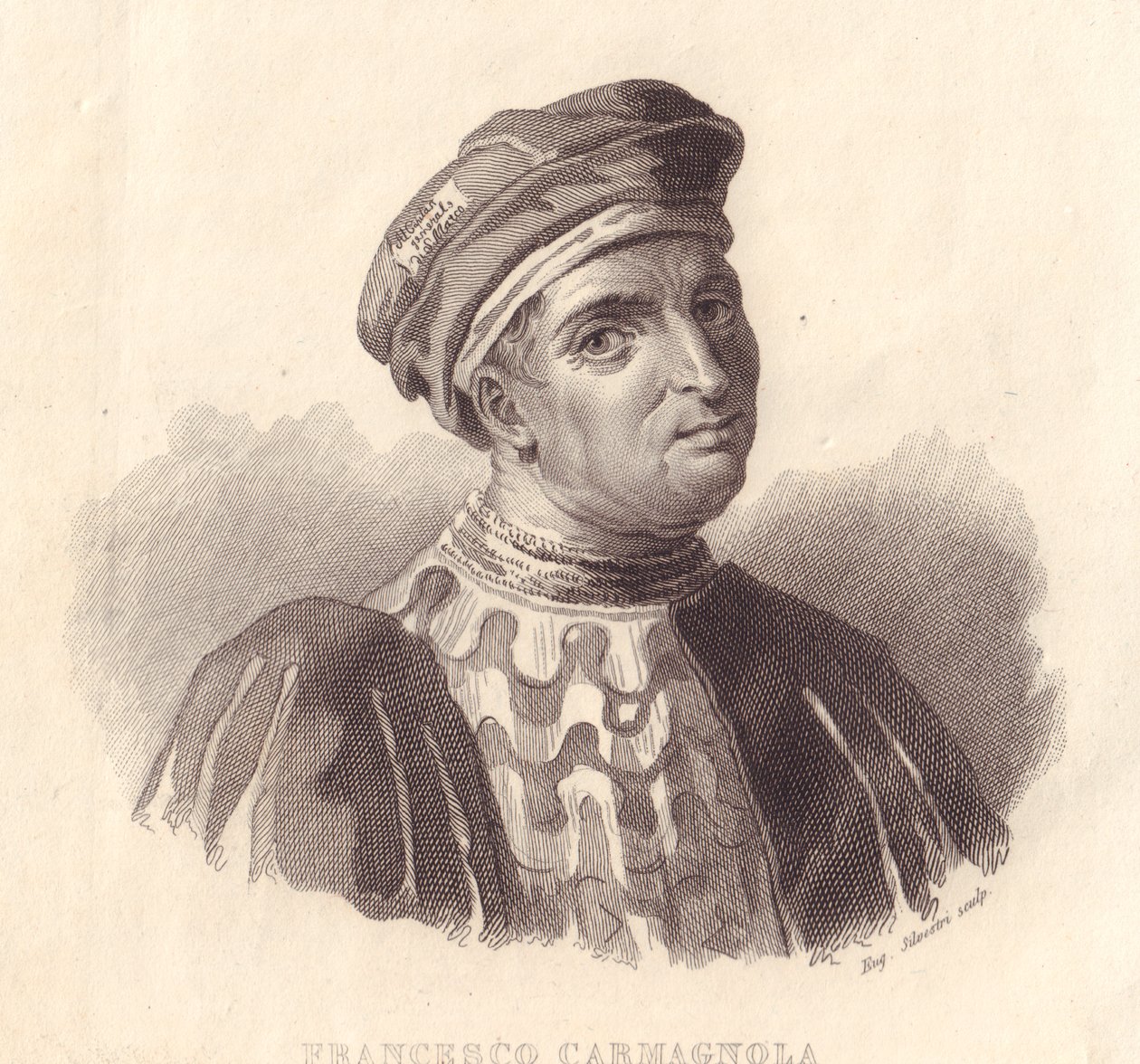 Porträt des italienischen Militärführers Francesco da Bussone, auch bekannt als Carmagnola (1380-1432), Kupferstich von E. Silvestri nach einem Gemälde von William Walcutt