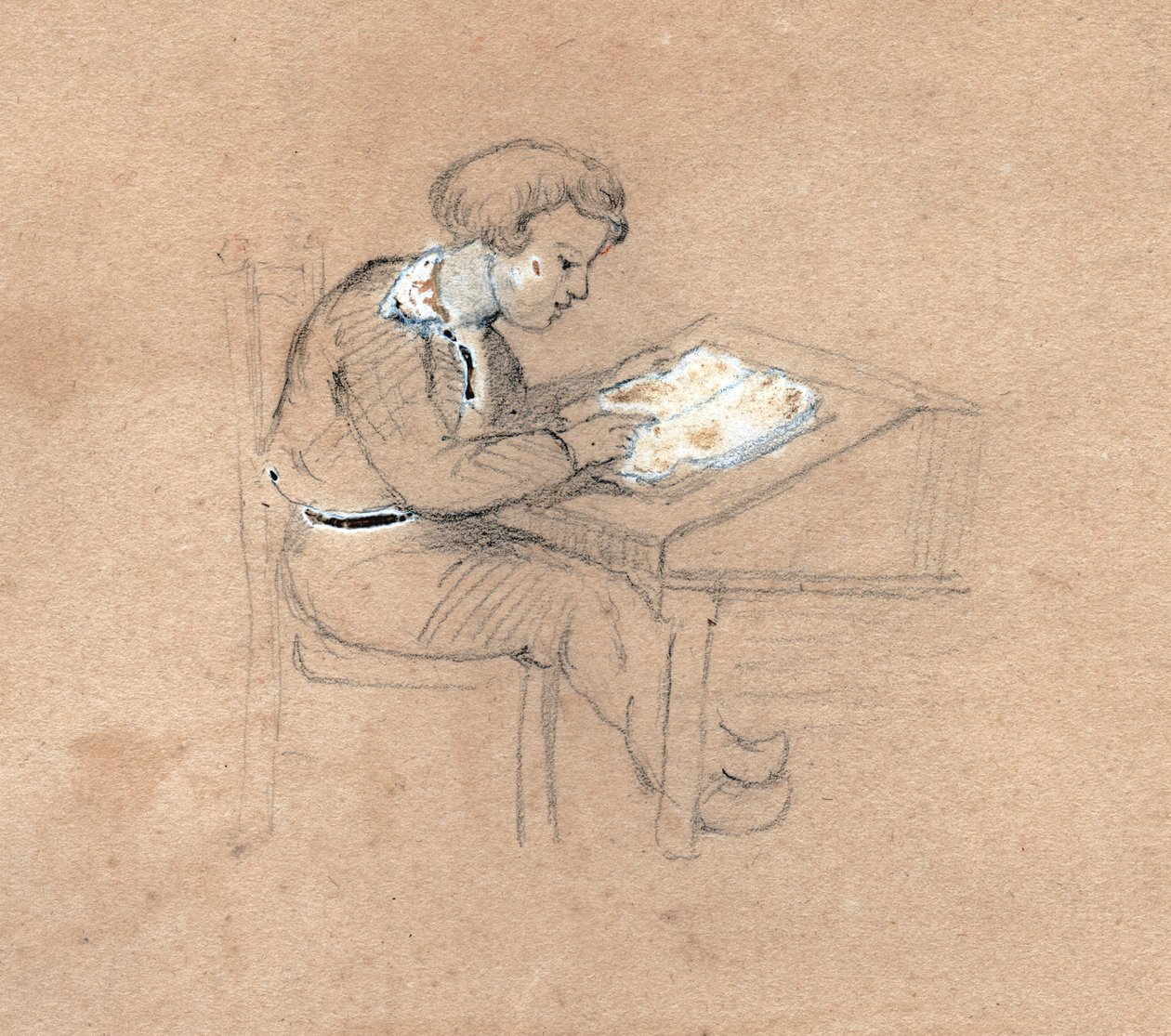 Schuljunge bei der Arbeit an seinem Schreibtisch (Illustration) von . .