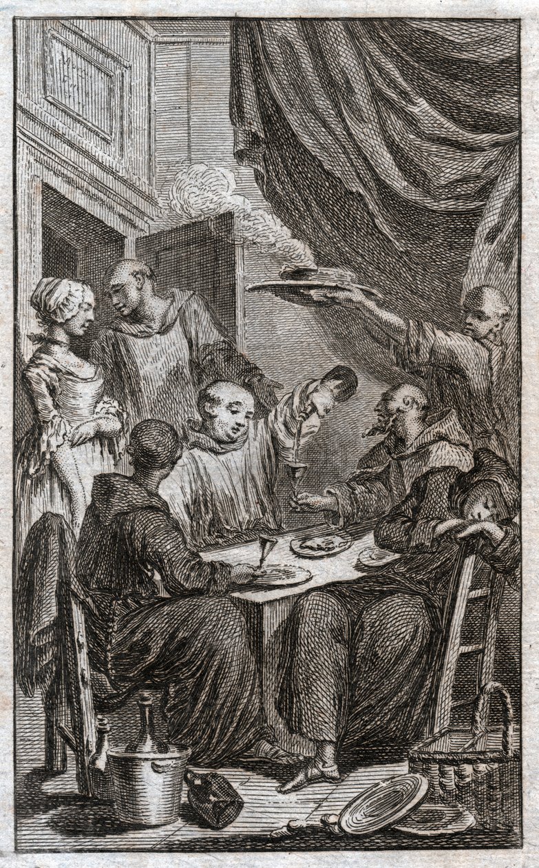 Das Fest der Mönche, die klösterliche Regeln verletzen. Sie trinken Wein, umwerben die Mägde (Gravur) von . .