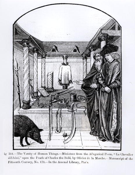 Die Eitelkeit der menschlichen Dinge, aus Le Chevalier delibere, ein allegorisches Gedicht von Olivier de la Marche über den Tod von Karl dem Kühnen (1433-77) von French School