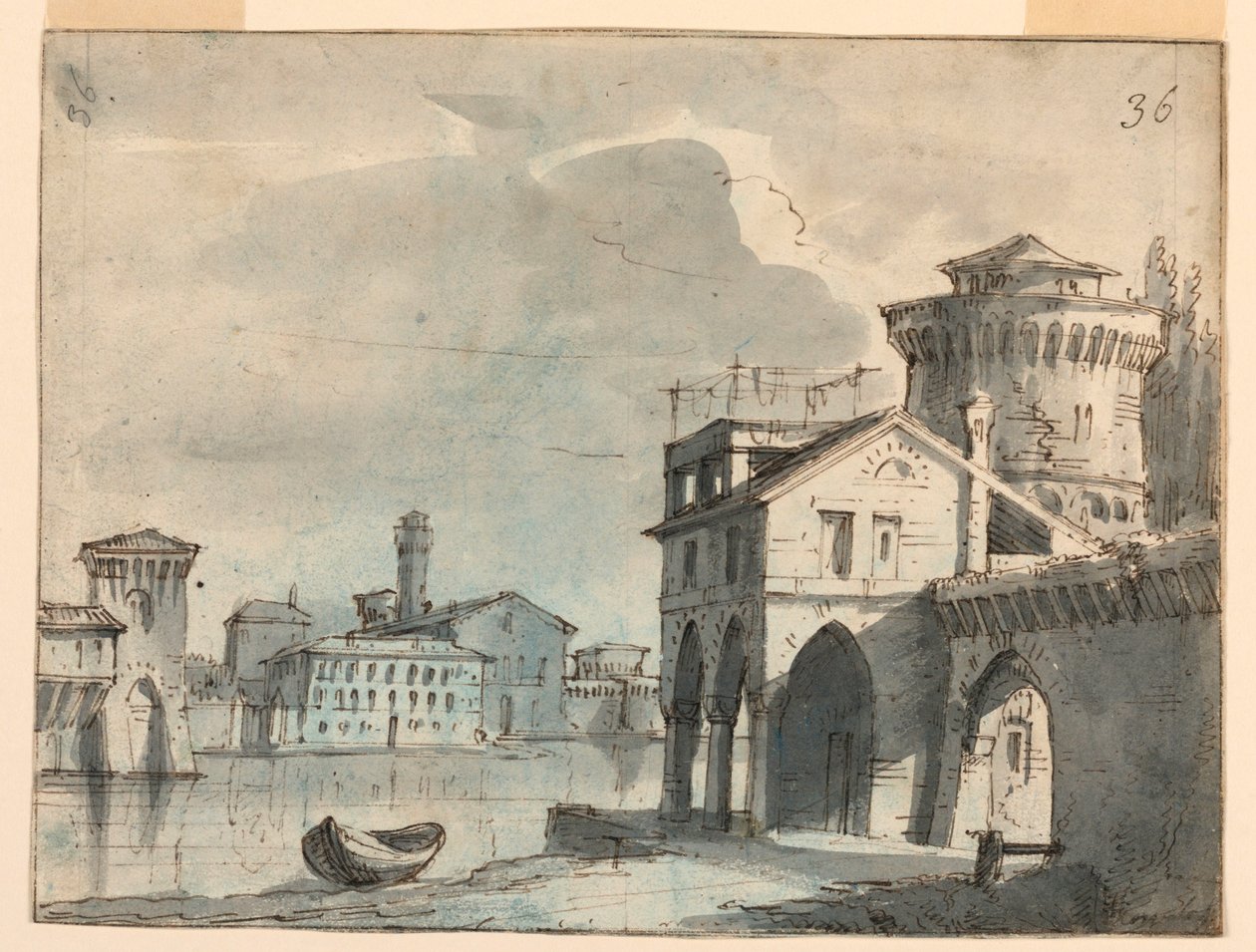 Bühnenbild, Gebäude am Flussufer von after Alessandro Sanquirico
