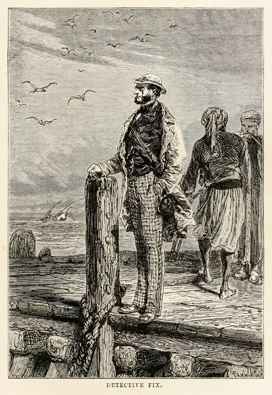 Detektiv Fix, aus In 80 Tagen um die Welt von Jules Verne, graviert von Louis Dumont, 1873 von after Alphonse Marie de Neuville