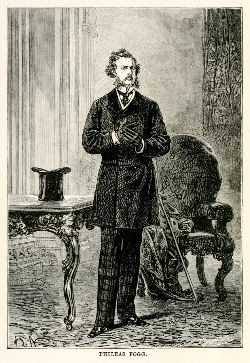 Phileas Fogg, aus In 80 Tagen um die Welt von Jules Verne, graviert von Louis Dumont, 1873 von after Alphonse Marie de Neuville