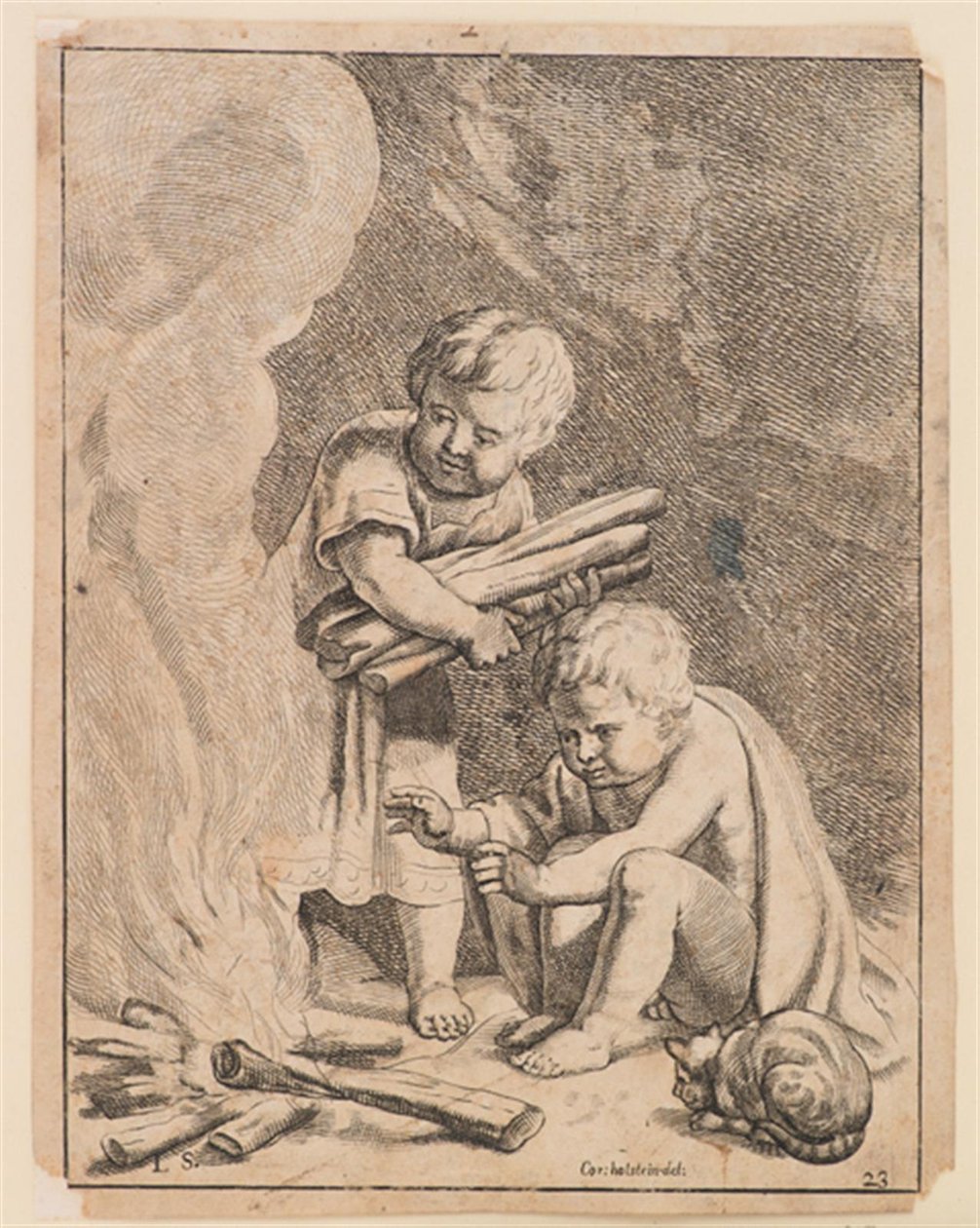 Zwei Kinder machen Feuer von after Cornelis Holsteyn