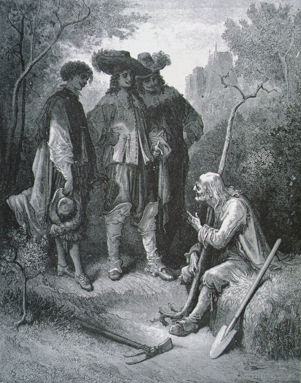 Illustration für Der alte Mann und die drei jungen Männer, aus Fabeln von Jean de La Fontaine von Gustave after Dore