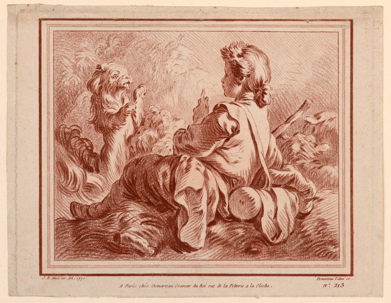 Sitzender Schäfer spielt mit einem Hund von after Jean Baptiste Huet