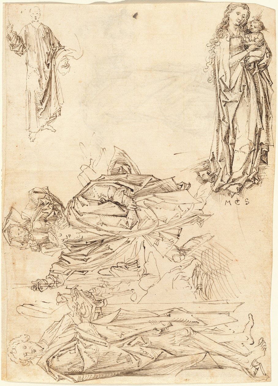 Heiliger Christophorus, Heiliger Johannes der Täufer, die Jungfrau und das Kind, und Christus segnet (recto) von after Martin Schongauer Master of the Drapery Studies