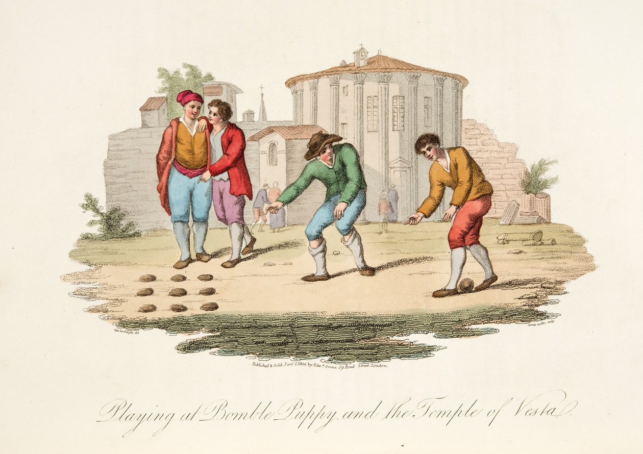Bomble Puppy spielen und der Tempel von Vest, aus Italian Scenery, veröffentlicht 1806 von after P. van Lerberghi