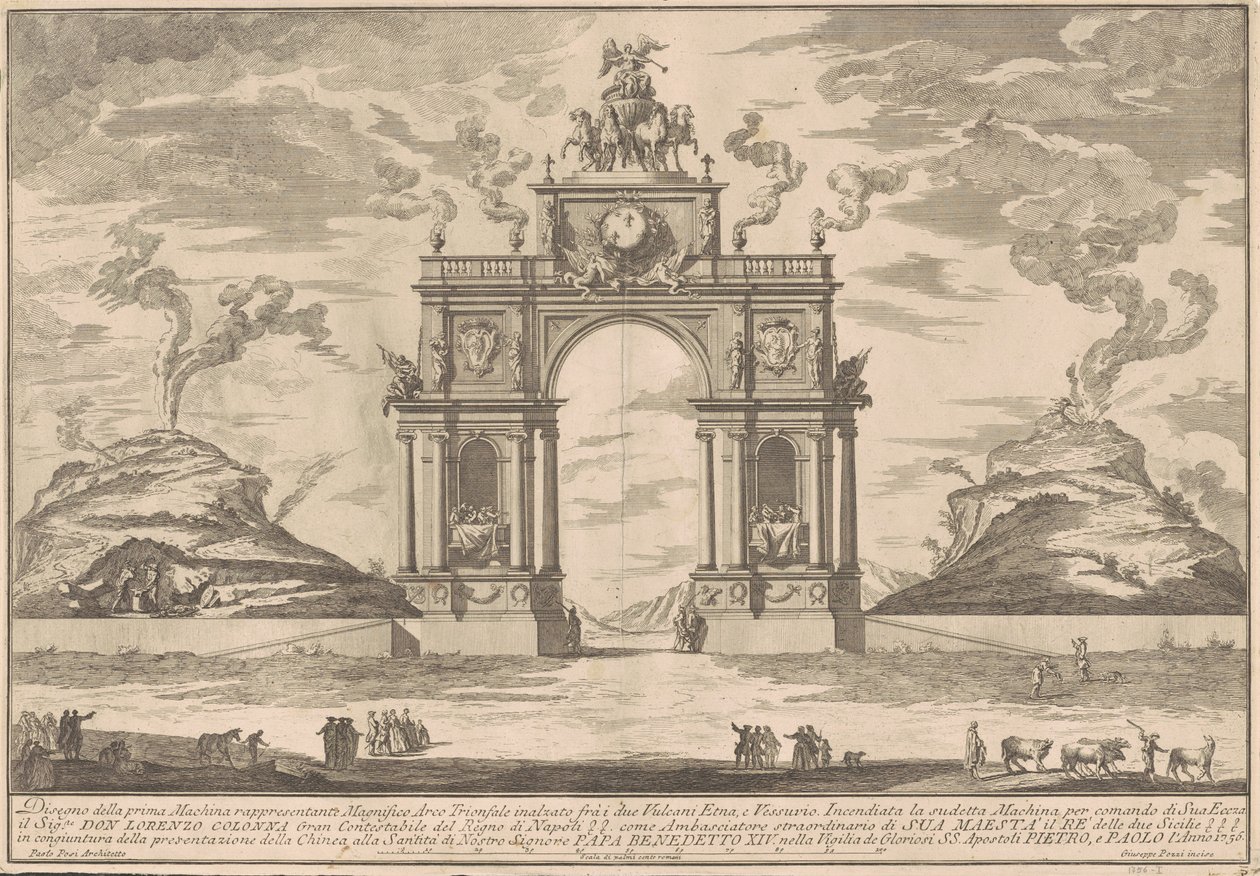 Die Prima Macchina für die Chinea von 1756: Ein Triumphbogen zwischen dem Ätna und dem Vesuv von after Paolo Posi Giuseppe Pozzi