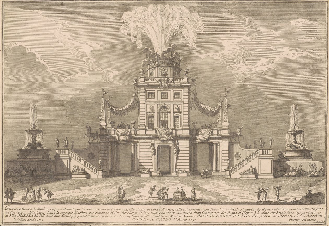Die zweite Maschine für die Chinea von 1755: Ein königliches Jagdschloss von after Paolo Posi Giuseppe Vasi
