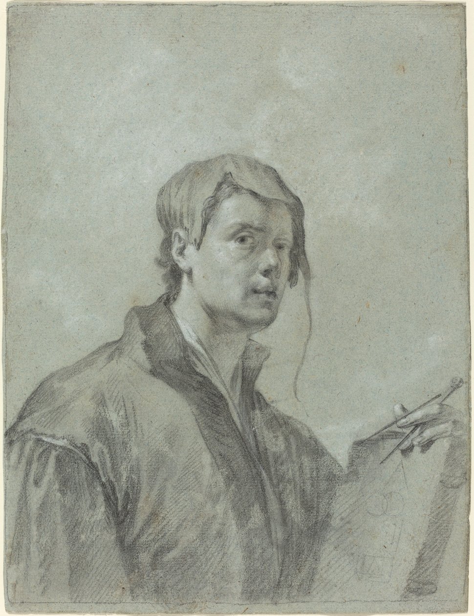 Ein Künstler, der ein Buch und einen Kompass hält von after Willem Drost