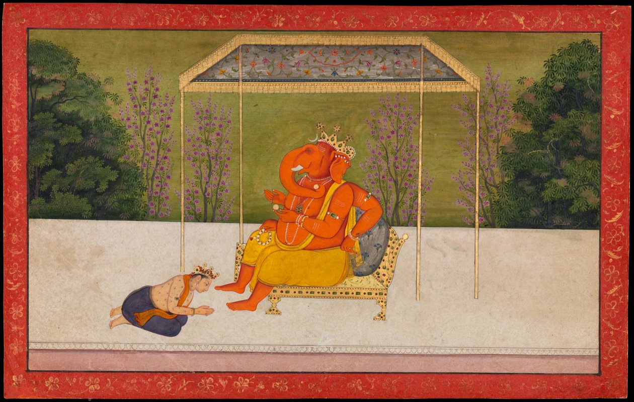 Indra verehrt den elefantenköpfigen Gott Ganesha, auf einem Thron sitzend. Folio aus der Tehri Garhwal Serie des Gita Govinda von anonymous 