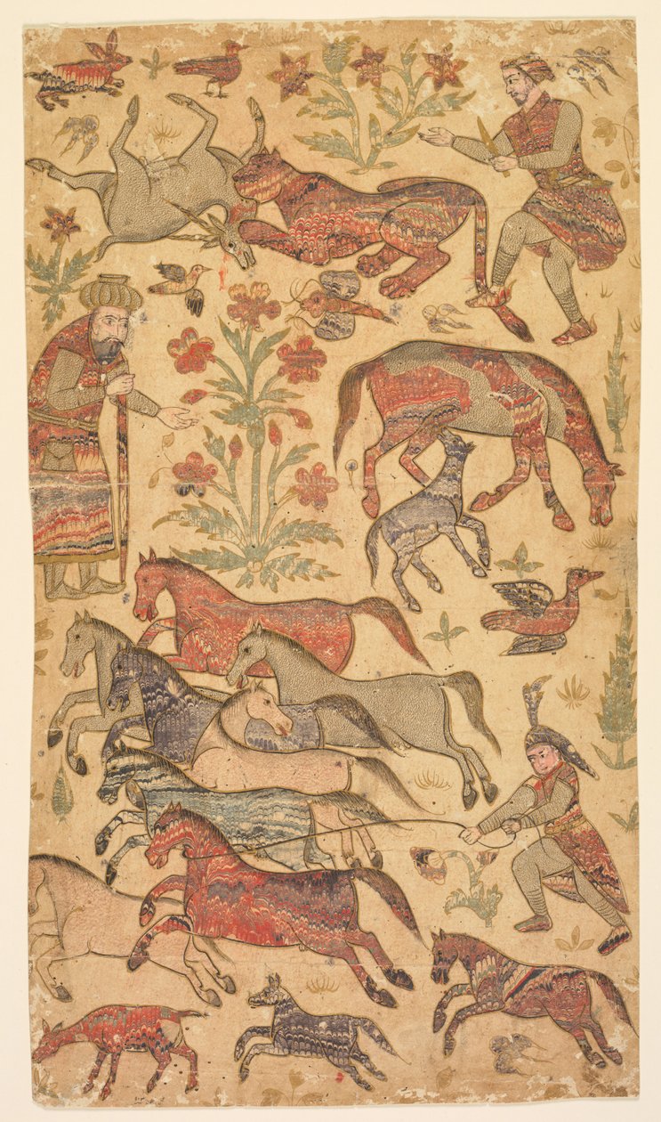 Ein marmoriertes Bild von Rustam, der Rakhsh fängt von attributed to Shafi