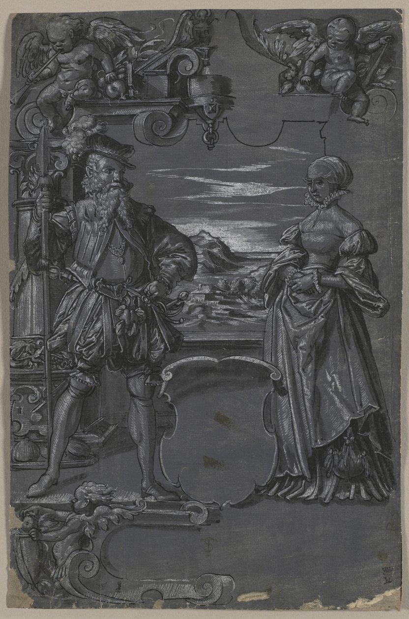 Entwurf für Glasmalerei: Mann und Frau in architektonischer Umgebung von attributed to Tobias Stimmer