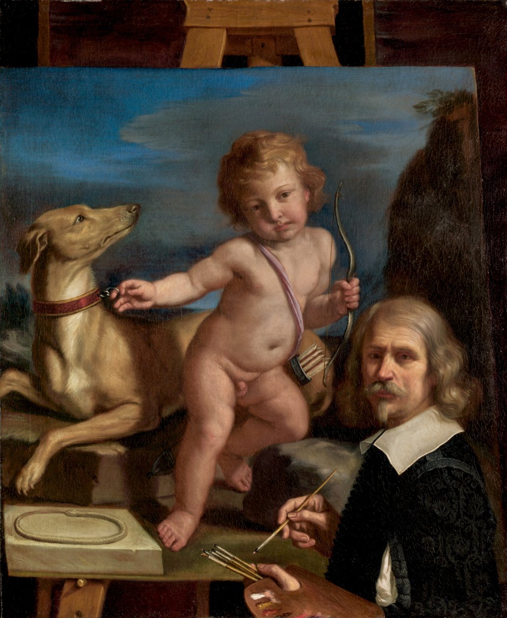 Selbstporträt vor einem Gemälde von "Amor Fedele" von called Guercino Giovanni Francesco Barbieri