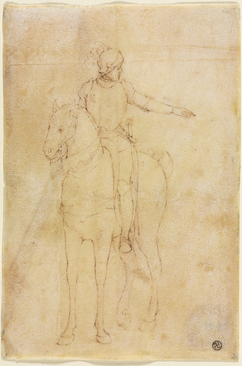 Gepanzerte Figur zu Pferd von circle of Vittore Carpaccio