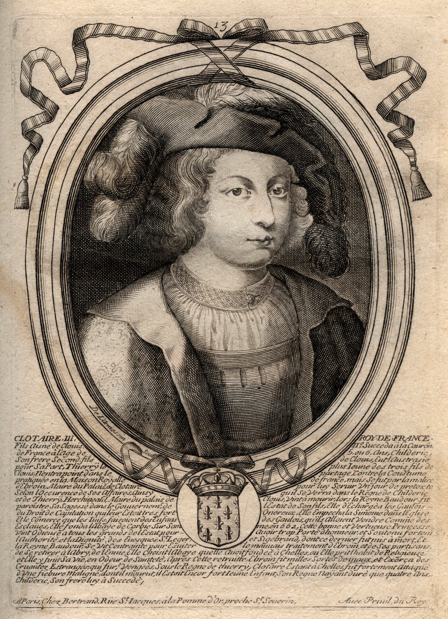 Porträt von Chlothar III. (652 - 673), König von Neustrien und Burgund - Chlothar III. oder Chlothar III., König der Franken aus dem Haus der Merowinger - Gravur aus 