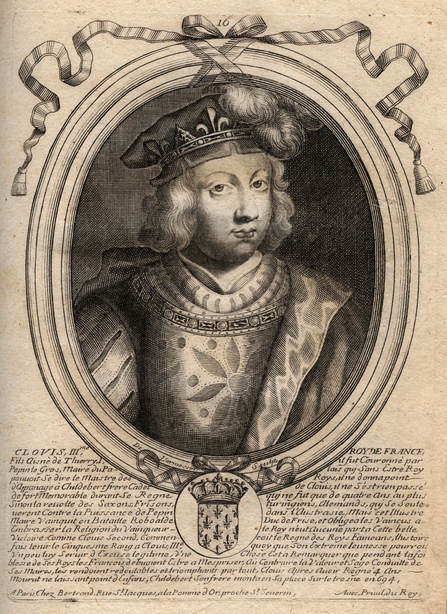 Porträt von Clovis III., König der Franken von 691 bis 695 - CLOVIS III Merowingischer König von Neustrien und Austrasien - Gravur aus 