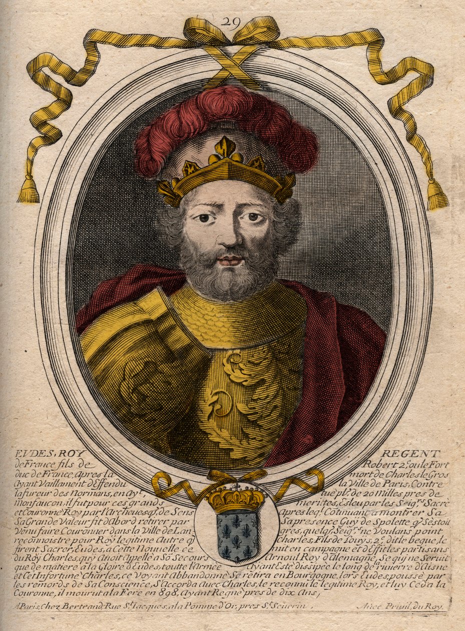 Porträt von Eudes (Odon) (ca. 860 - 898), Graf von Paris und Troyes, dann König von Frankreich - EUDES Graf von Paris, gewählt zum französischen Thron nach der Absetzung von Karl dem Kaiser - Gravur aus 