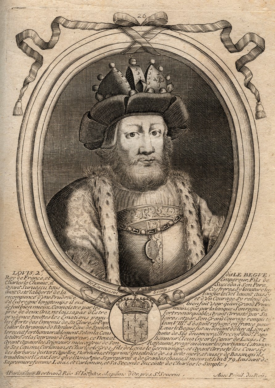 Porträt von Ludwig II. dem Stammler oder dem Faulen (846 - 879), König der Franken - Ludwig II. der Stammler 848 bis 879 - Gravur aus 