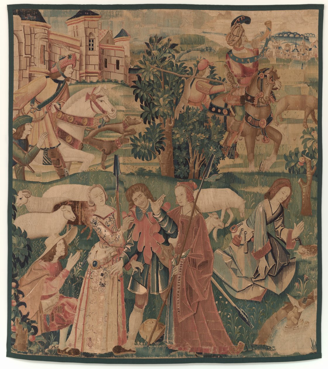 Jagdszenen und pastorale Szenen mit einem lachenden Mann zwischen Damen von design probably French 16th Century, Paris; woven in southern Netherlands or Paris in an undetermine workshop